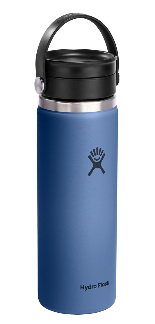 Blue water bottle with black lid and handle, logo on side.