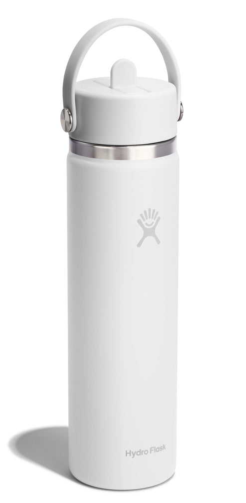 A white Hydro Flask water bottle with a handle on top.