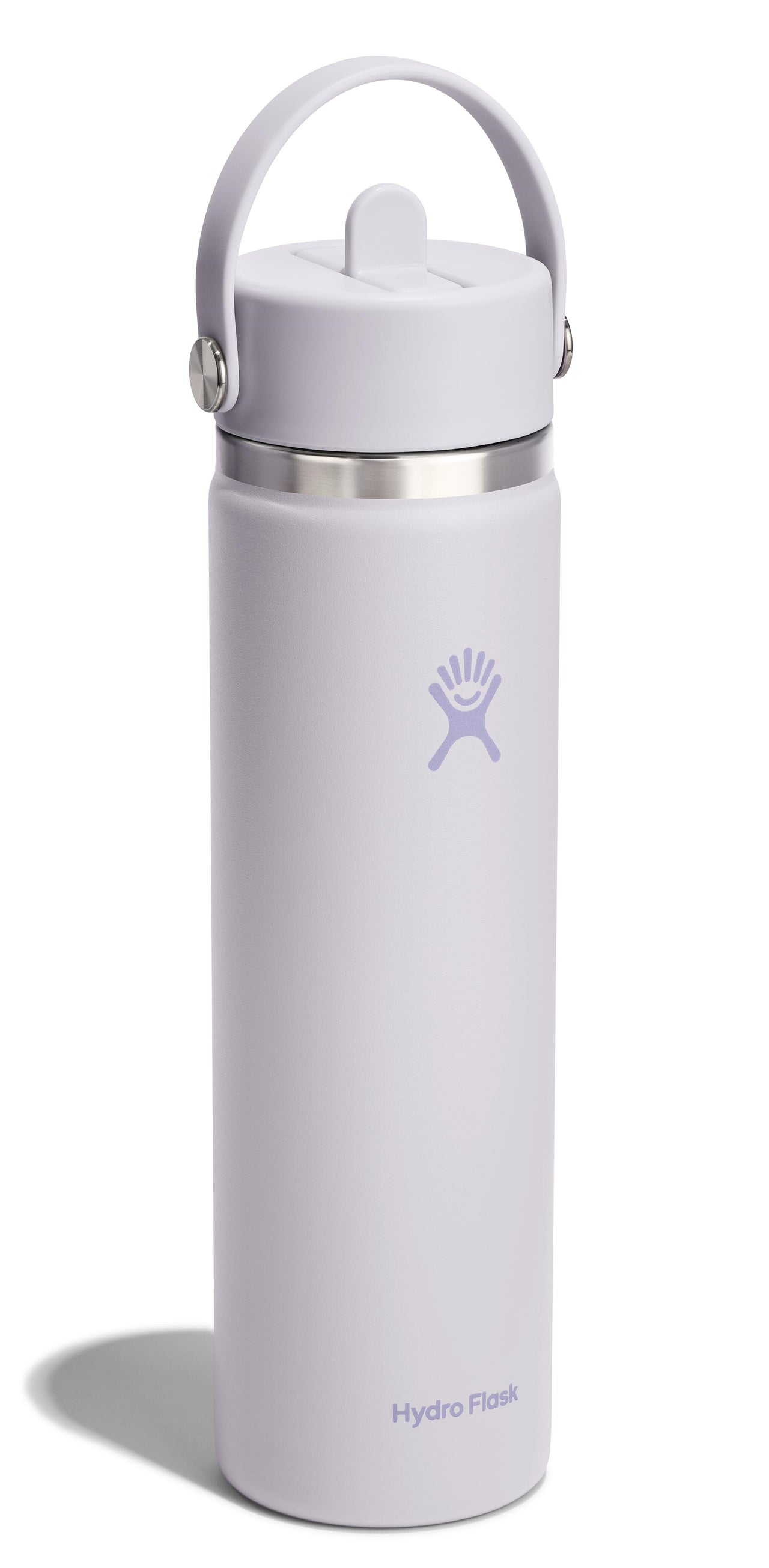 A lilac water bottle with a straw lid and carrying handle.