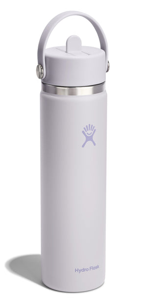 A lilac water bottle with a straw lid and carrying handle.