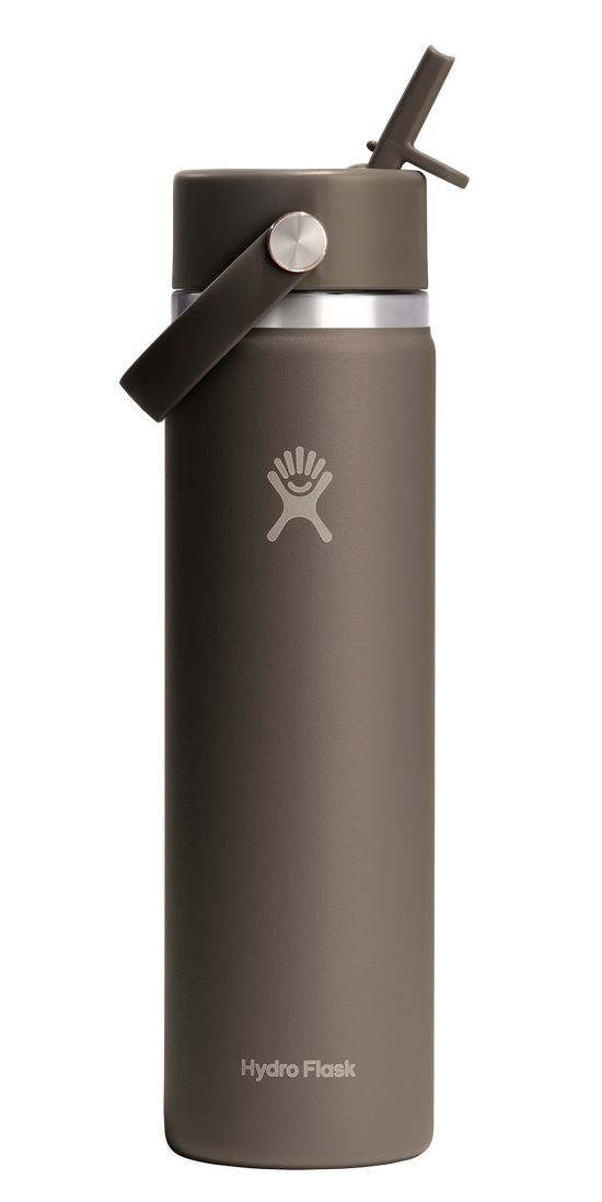 Insulated brown water bottle with a straw.