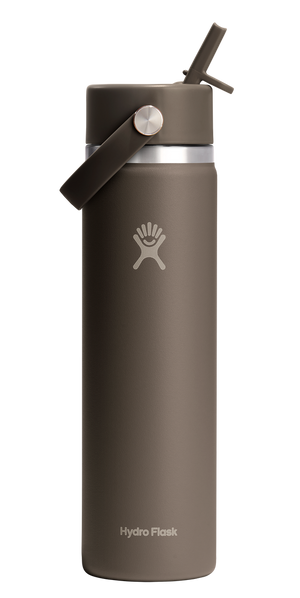 Insulated brown water bottle with a straw.