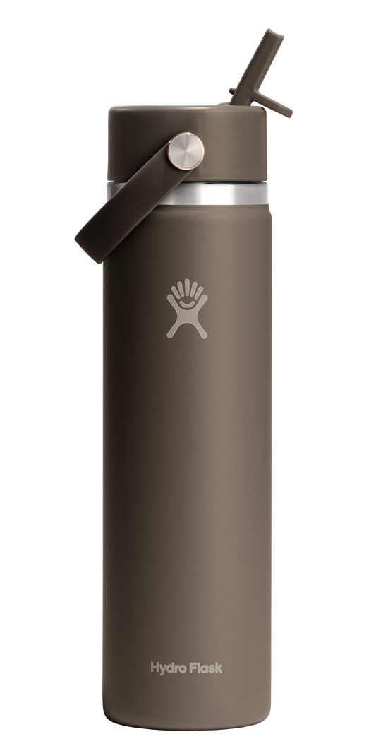 Insulated brown water bottle with a straw.