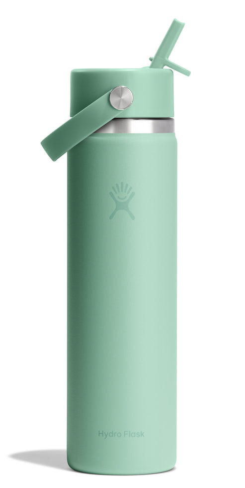 Mint green water bottle with straw lid and handle.