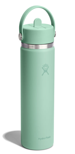 A mint-colored water bottle with a straw lid and carrying handle.