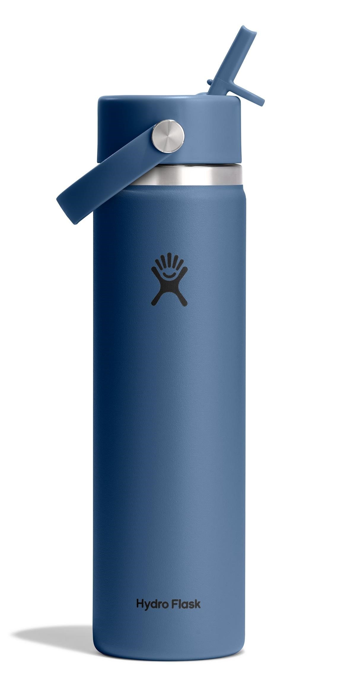 Blue Hydro Flask water bottle with straw.
