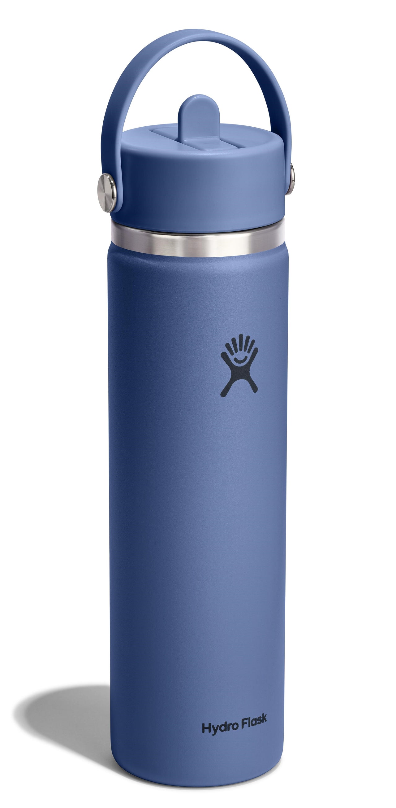 Blue water bottle with a handle on the lid.