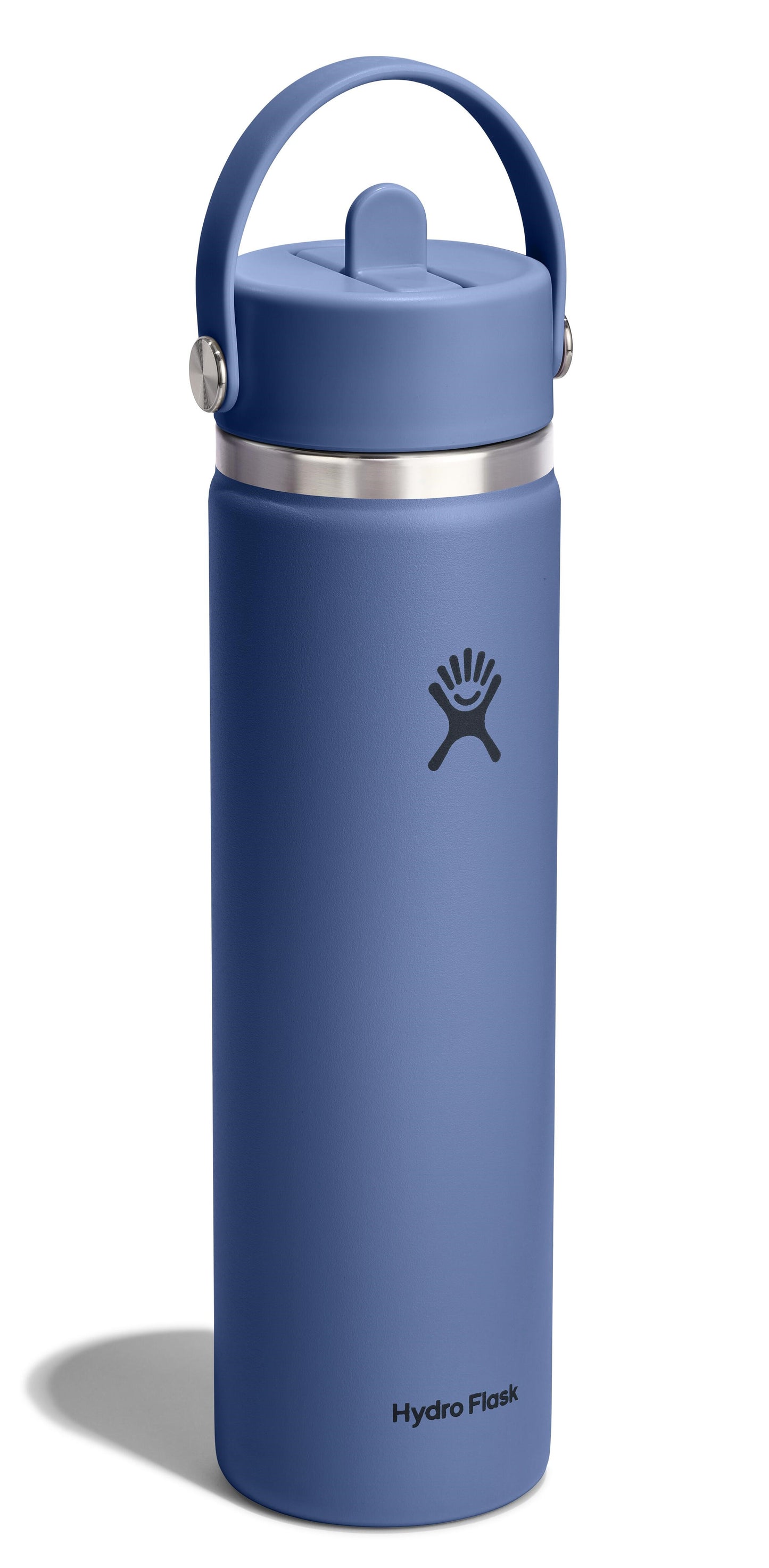 Blue water bottle with a handle on the lid.