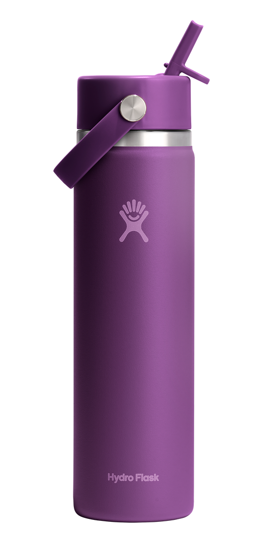 A purple stainless steel water bottle with a straw lid and handle.
