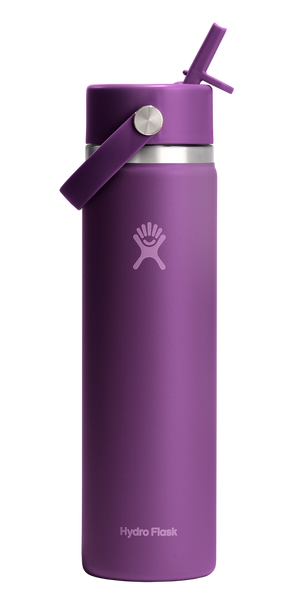 A purple stainless steel water bottle with a straw lid and handle.