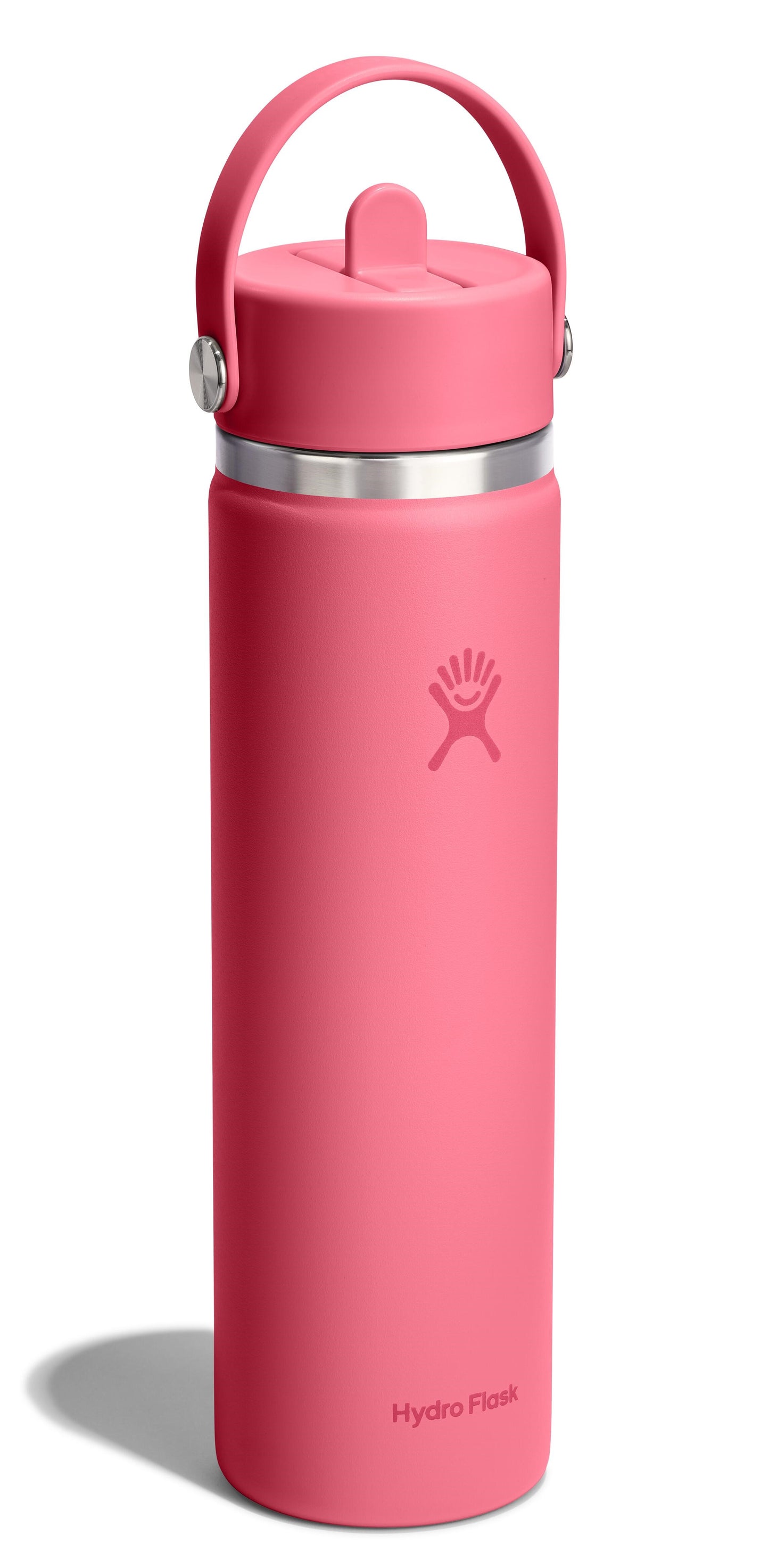 Pink water bottle with handle.