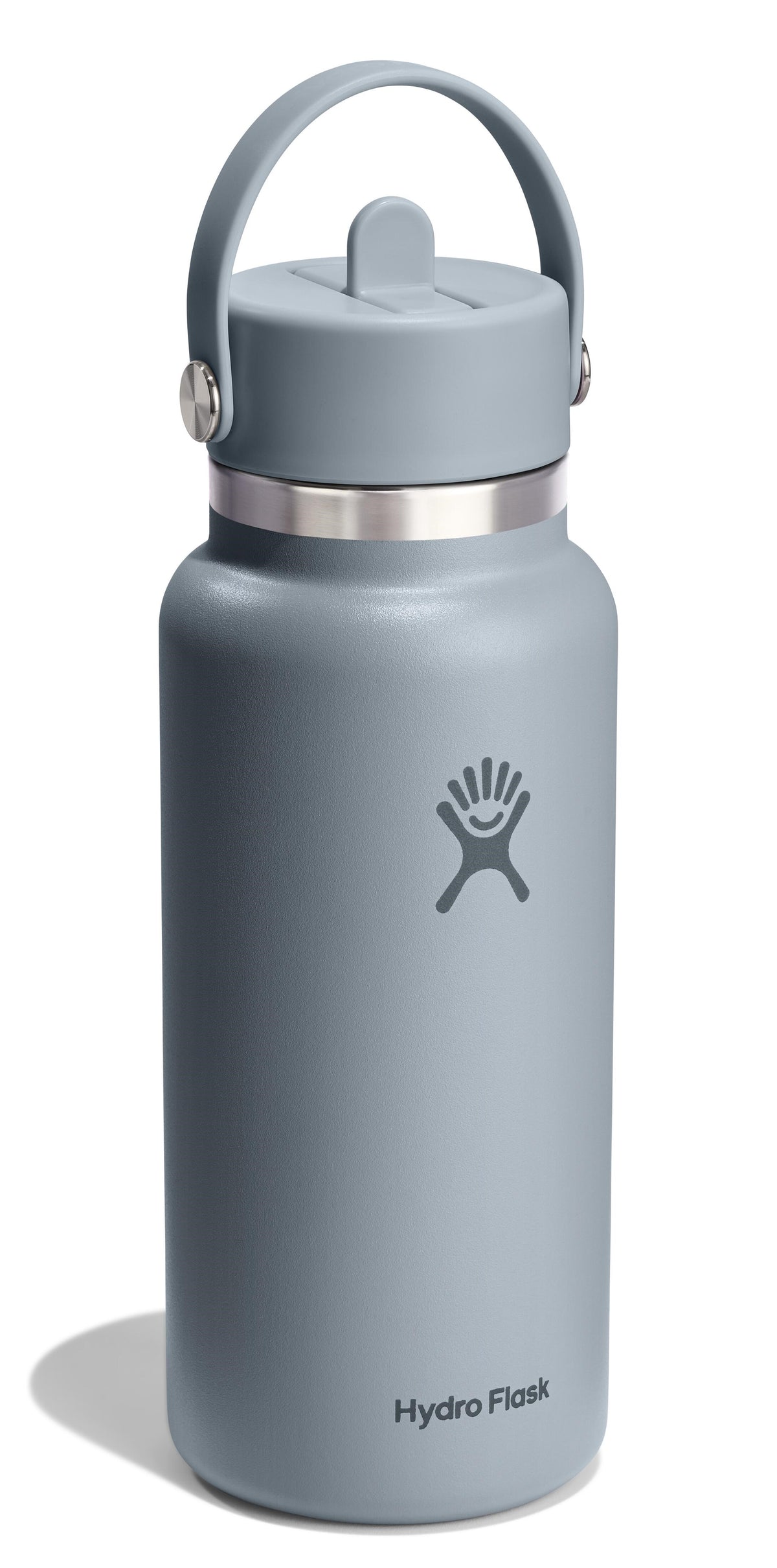 Gray water bottle with handle and "Hydro Flask" text on the side.