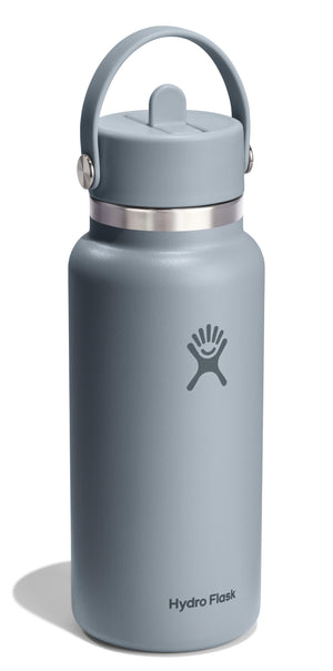 Gray water bottle with handle and "Hydro Flask" text on the side.