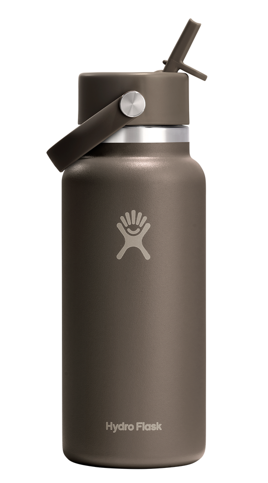 Hydro Flask bottle with straw and handle, dark brown.