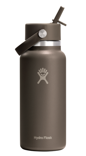 Hydro Flask bottle with straw and handle, dark brown.