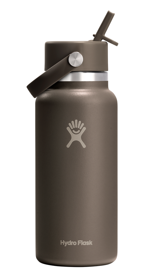 Hydro Flask bottle with straw and handle, dark brown.