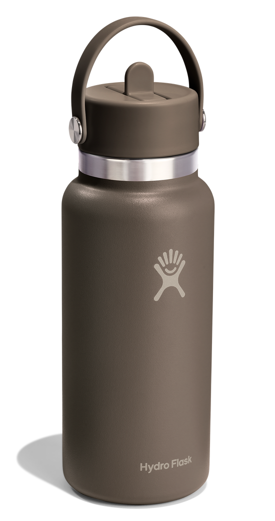 Brown water bottle with straw.