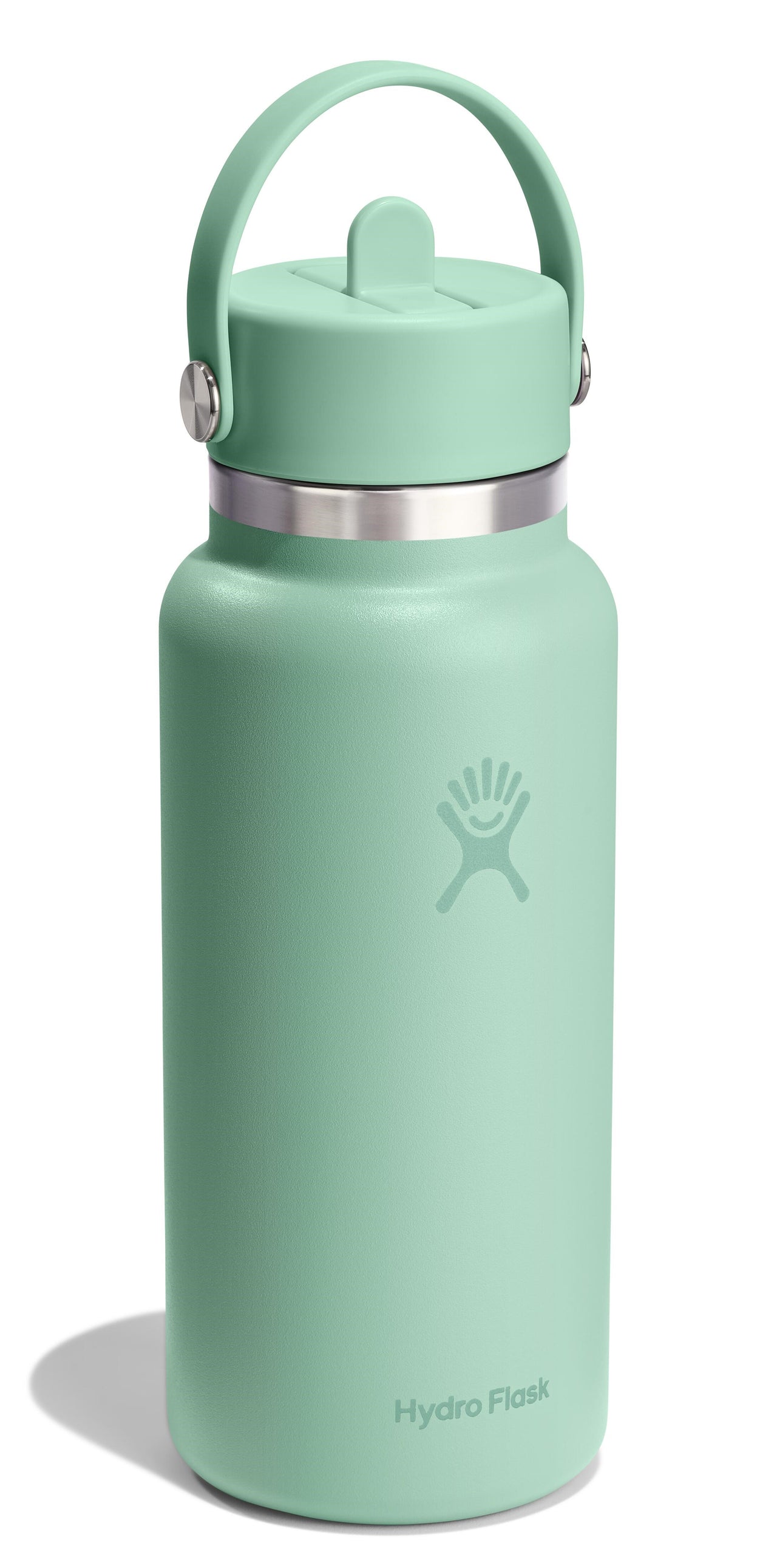 Mint-green water bottle with a handle and straw lid, showing the Hydro Flask logo.