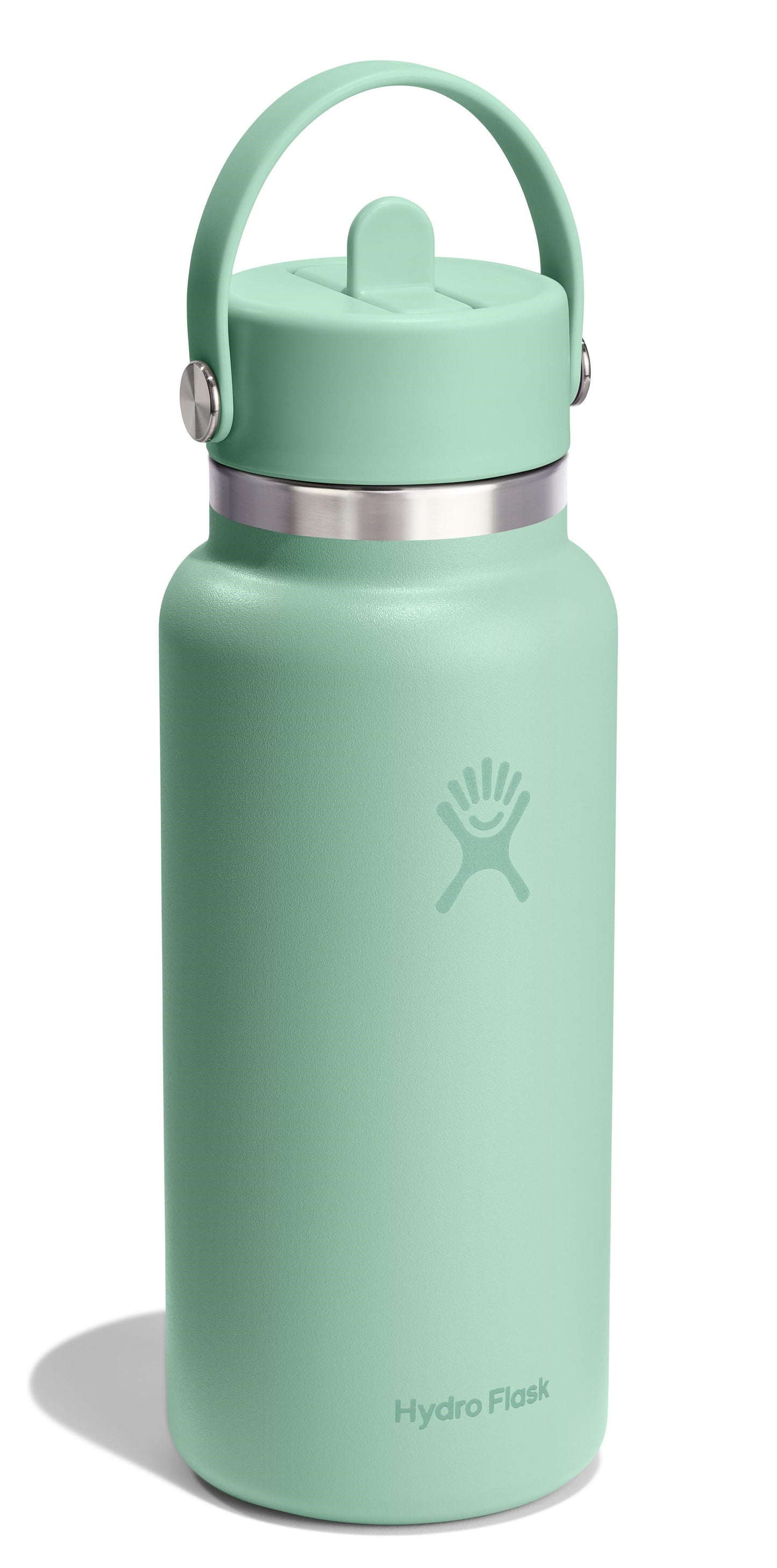 Mint-green water bottle with a handle and straw lid, showing the Hydro Flask logo.