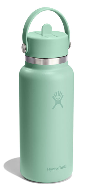 Mint-green water bottle with a handle and straw lid, showing the Hydro Flask logo.