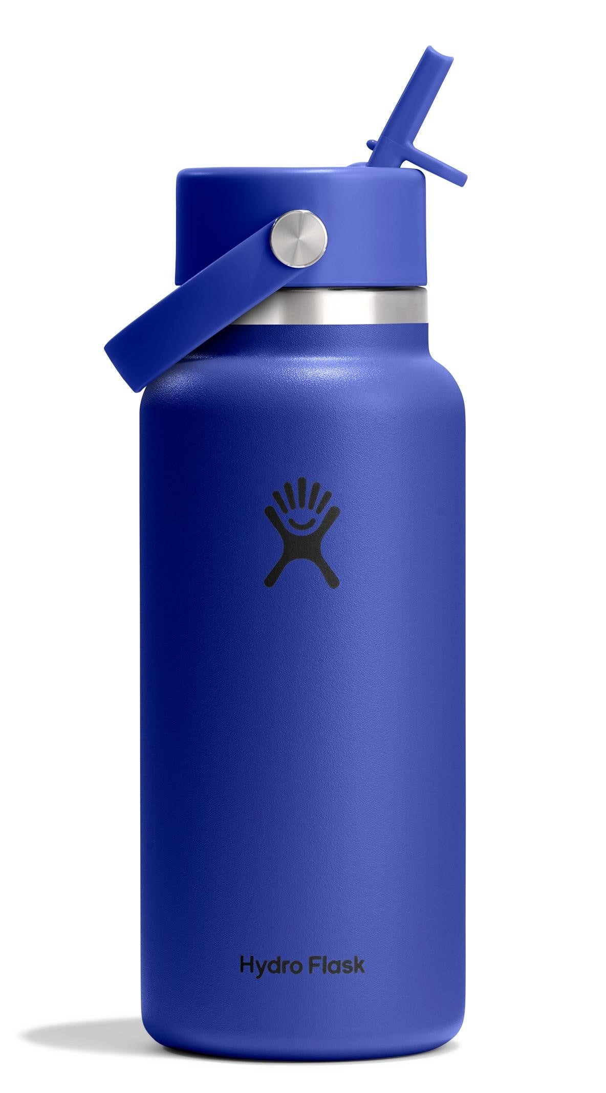Blue water bottle with straw and handle, "Hydro Flask" printed on side.