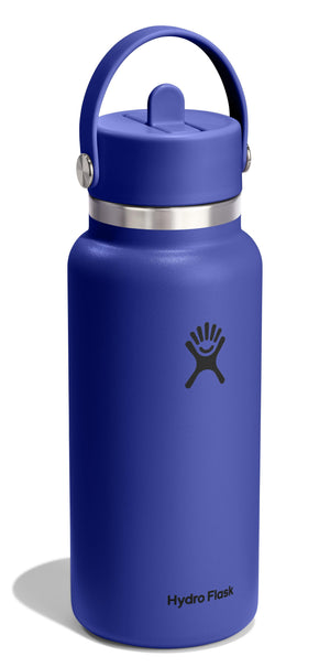 A blue water bottle with a handle and a straw lid.