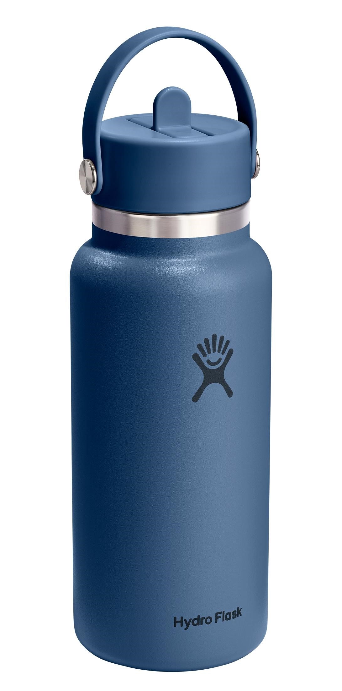A blue Hydro Flask water bottle with a straw lid.