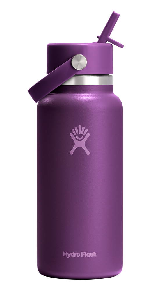 Purple water bottle with straw.