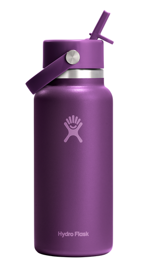Purple water bottle with straw.