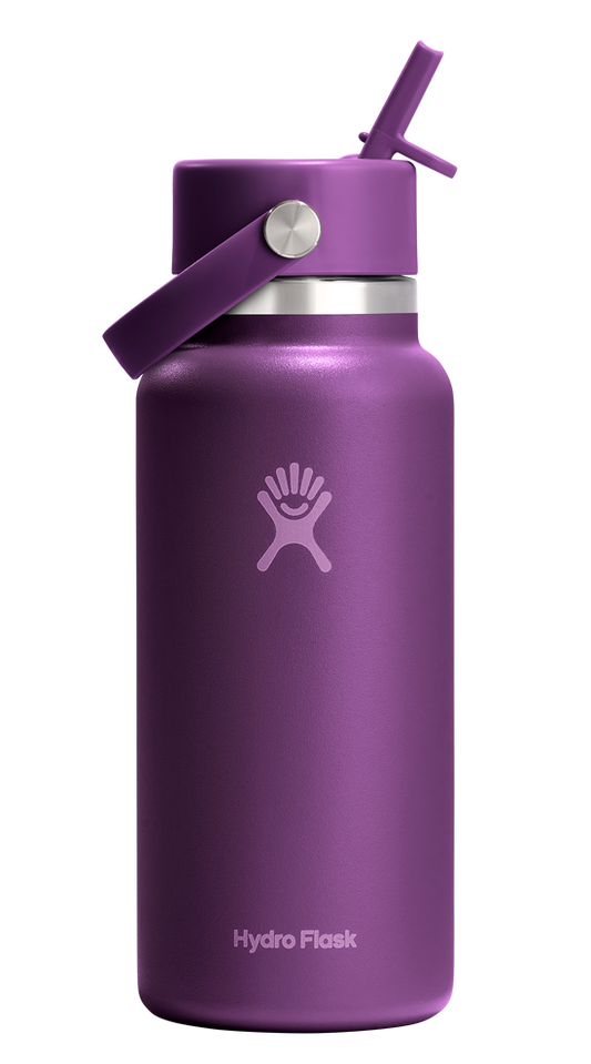 Purple water bottle with straw.