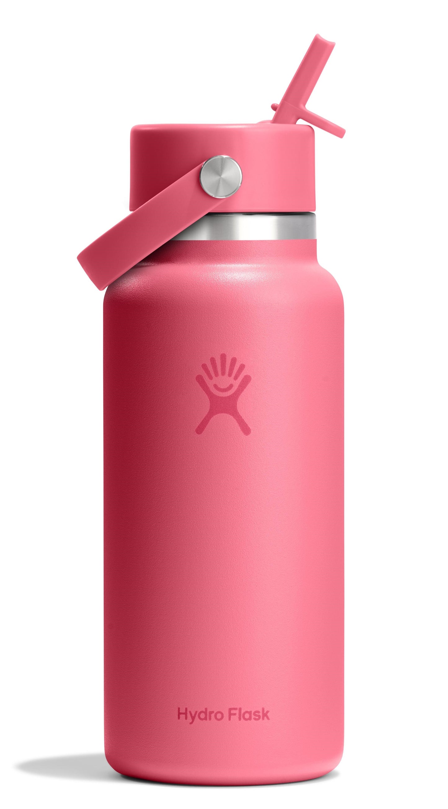 Pink water bottle with straw.