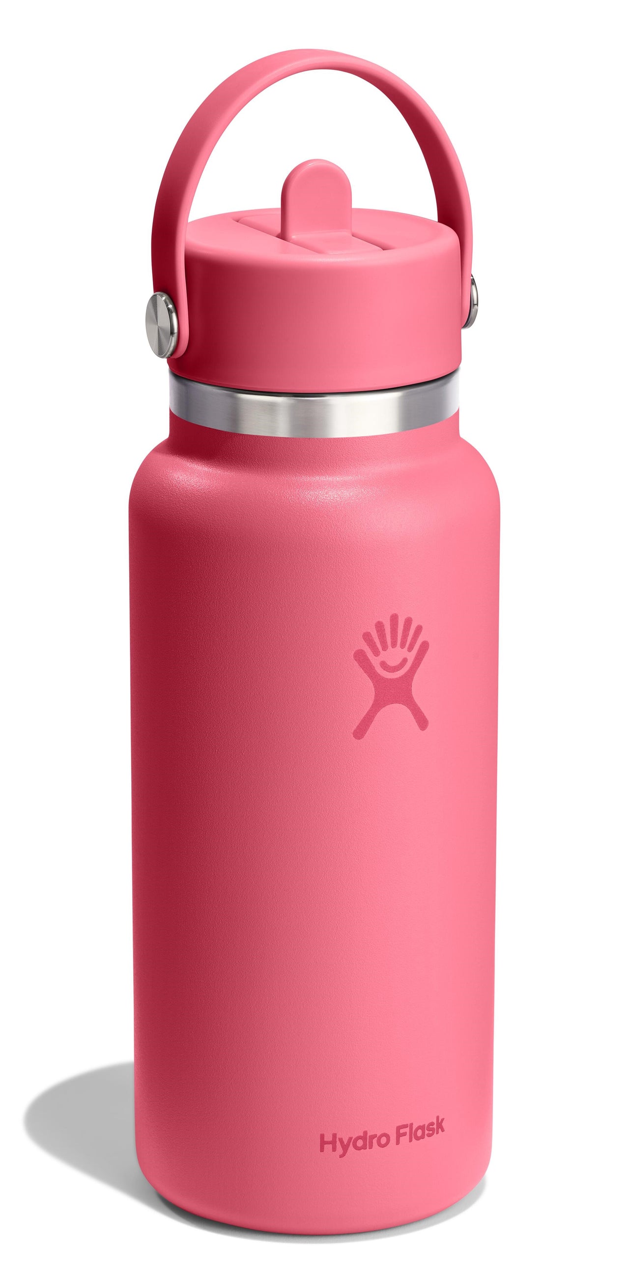 A pink water bottle with a handle on top.