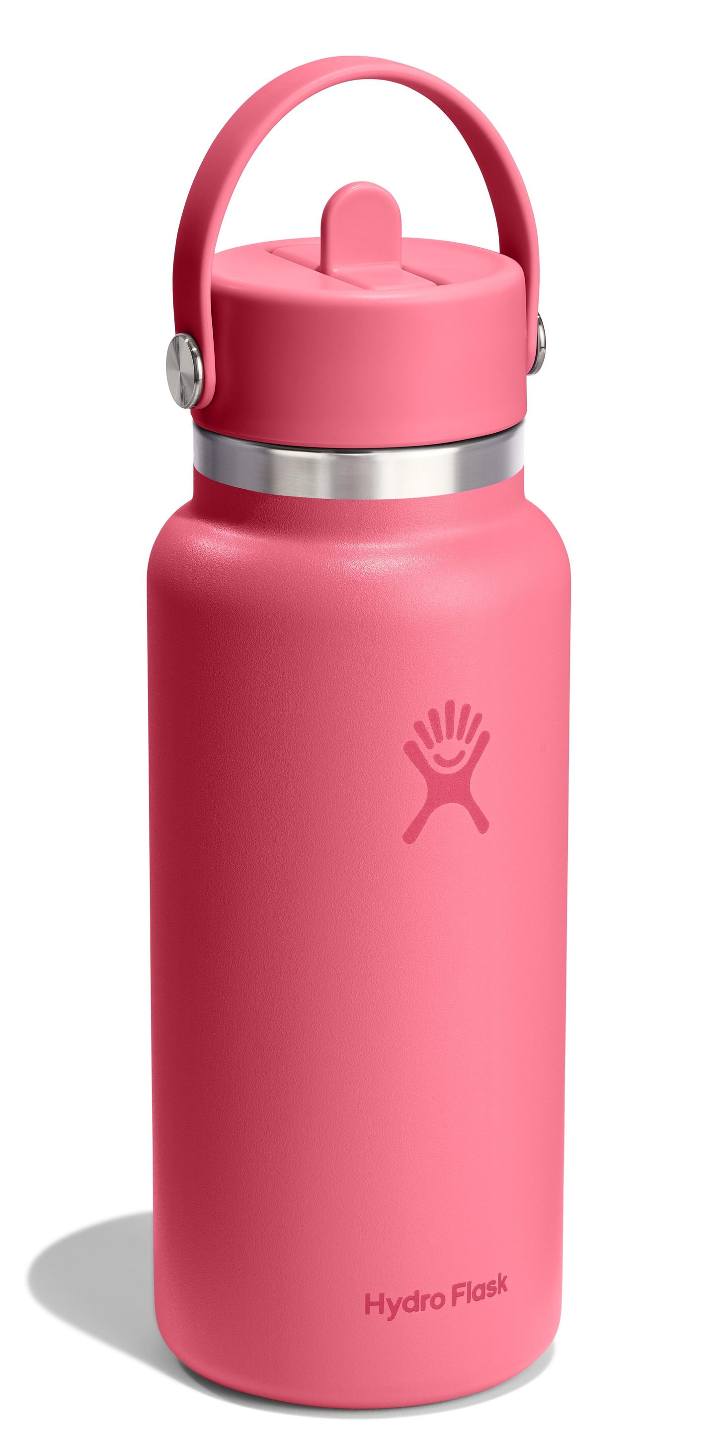 A pink water bottle with a handle on top.
