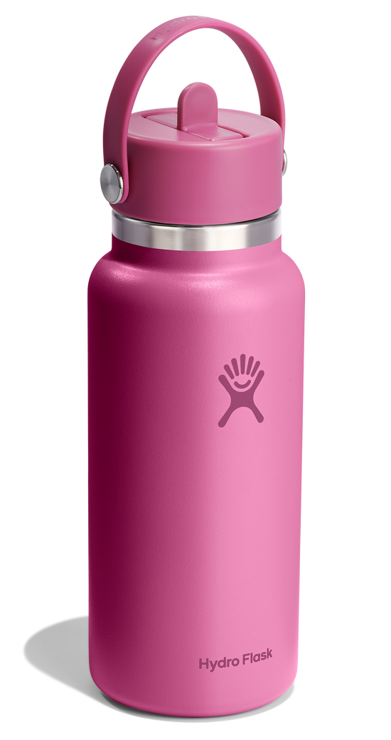 Pink water bottle with straw lid.