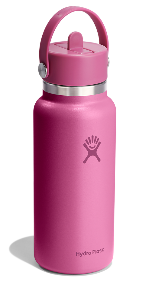 Pink water bottle with straw lid.