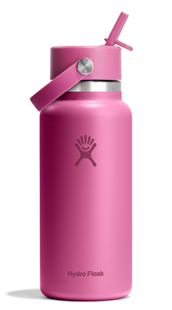Pink water bottle with straw lid and handle
