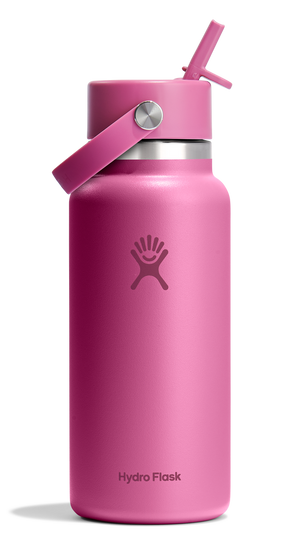 Pink water bottle with straw lid and handle