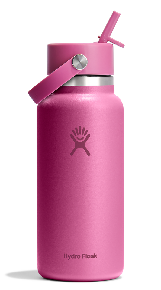Pink water bottle with straw lid and handle