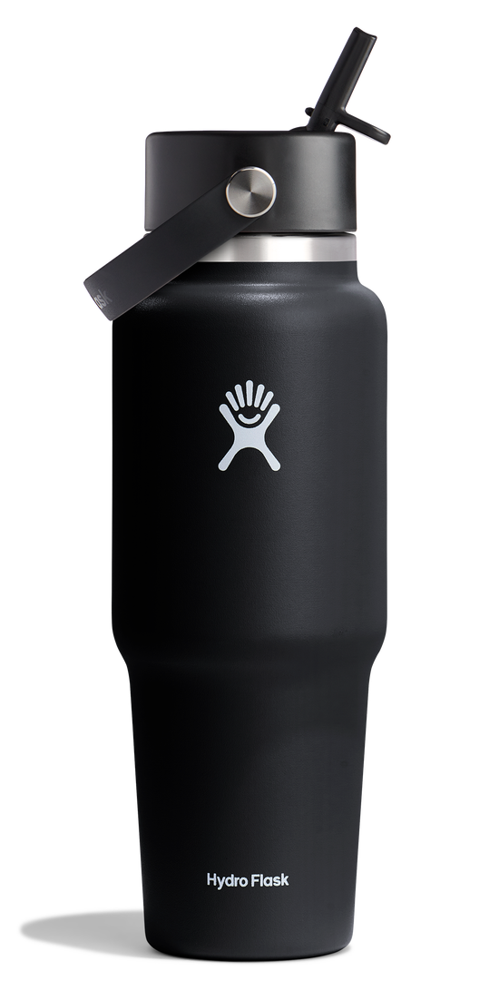 Black insulated water bottle with straw and handle, logo and "Hydro Flask" text visible.