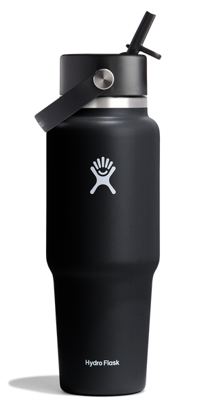 Black insulated water bottle with straw and handle, logo and "Hydro Flask" text visible.