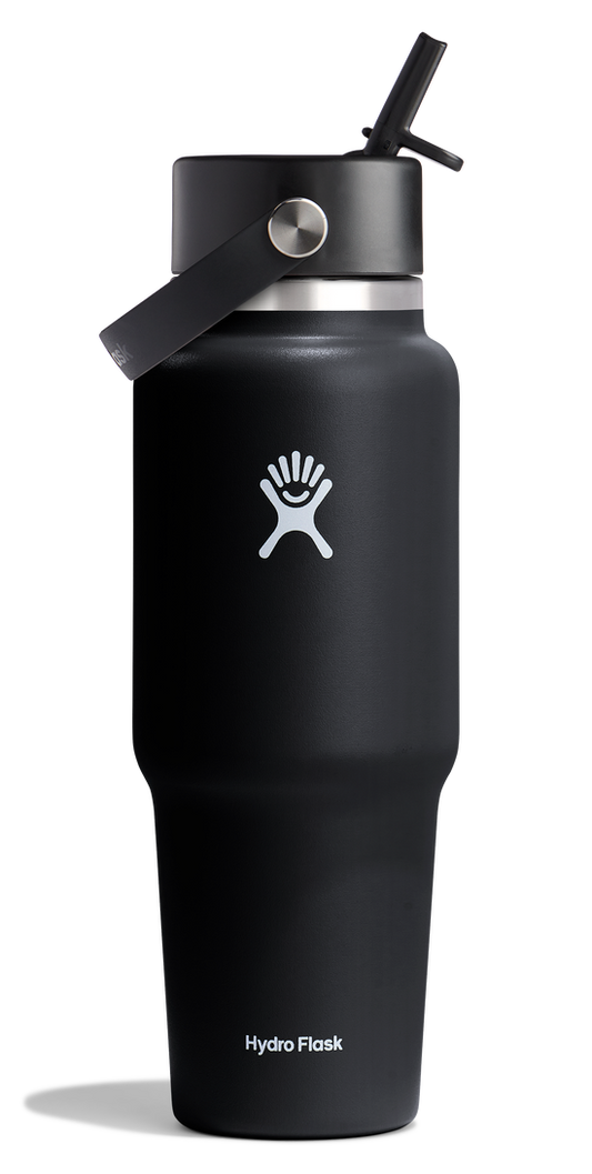 Black insulated water bottle with straw and handle, logo and "Hydro Flask" text visible.
