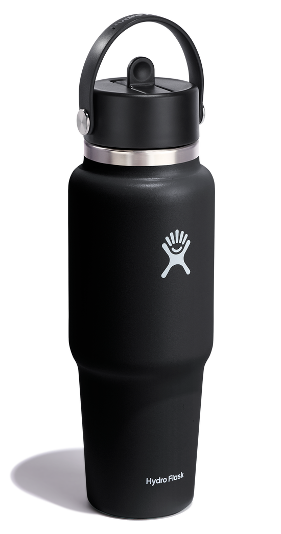 Black water bottle with carrying handle and logo "hydro flask".