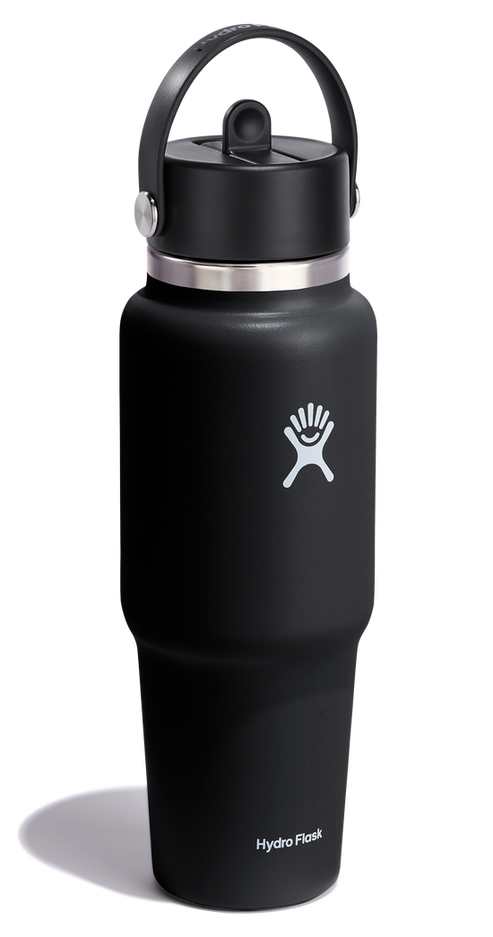 Black water bottle with carrying handle and logo "hydro flask".