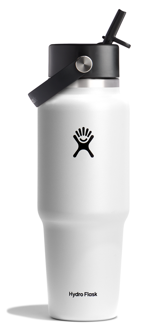 White insulated water bottle with a black logo and straw lid.