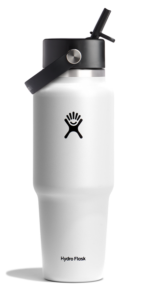 White insulated water bottle with a black logo and straw lid.