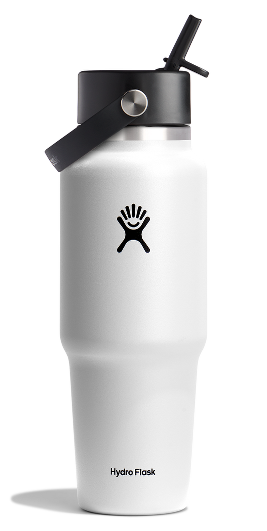 White insulated water bottle with a black logo and straw lid.