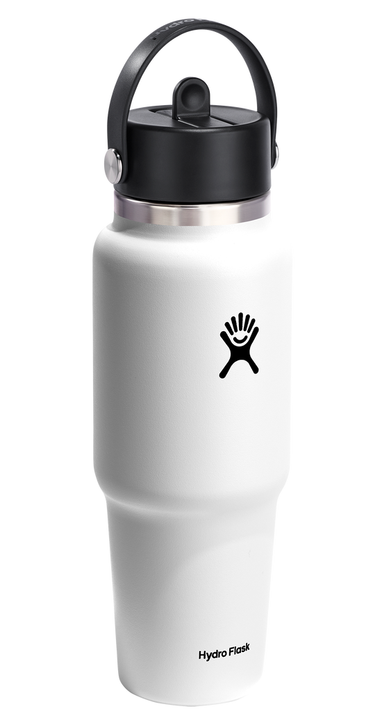 White water bottle with a black lid and handle.