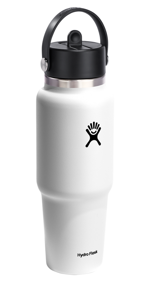 White water bottle with a black lid and handle.