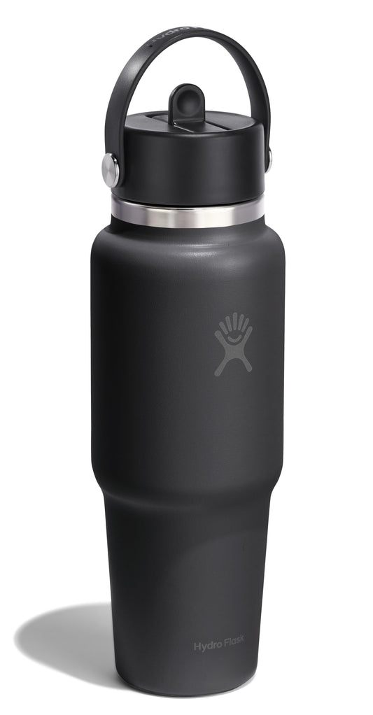 Black insulated water bottle with carrying handle.
