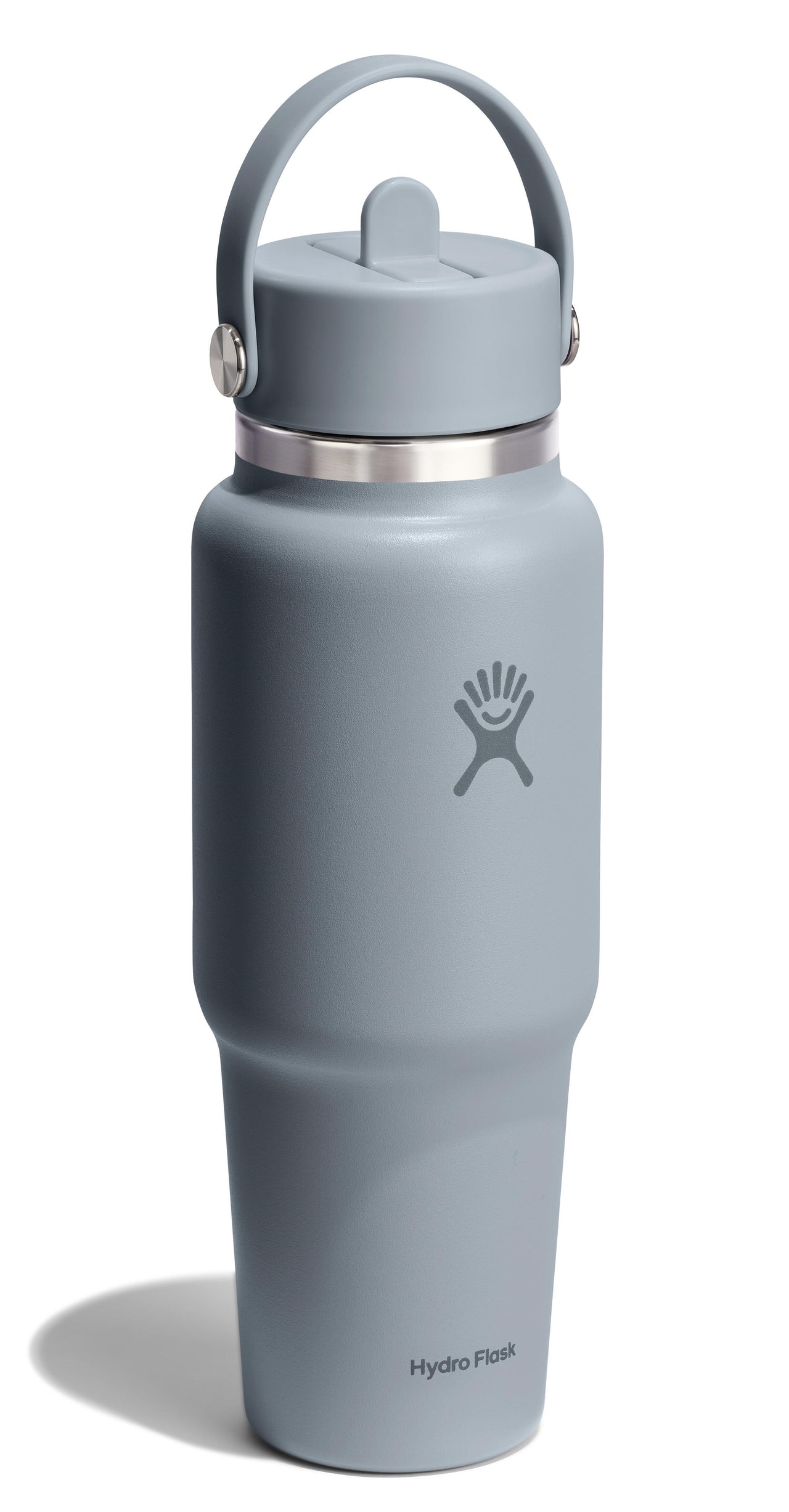 Gray stainless steel water bottle with handle and straw lid.
